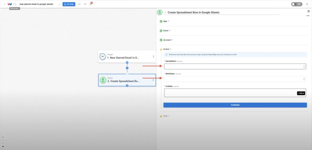 Choose the spreadsheet and worksheet where Gmail data will be logged.