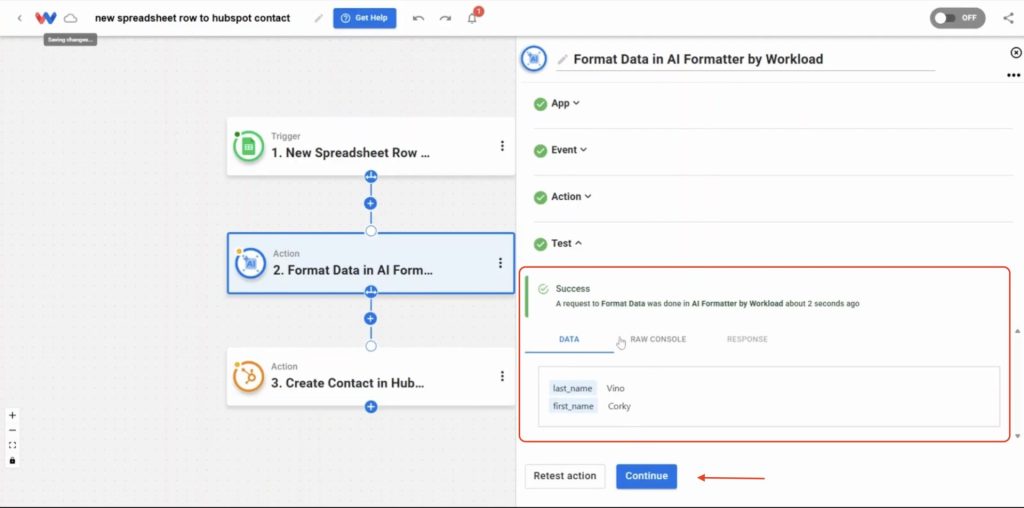 Success screen showing cleaned data fields after AI Formatter test in the new spreadsheet row to HubSpot contact automation.