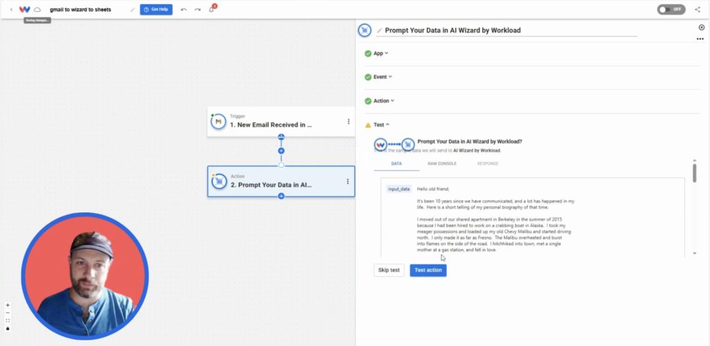 Clicking Test Action in Workload to run the AI Wizard step and generate an email summary.