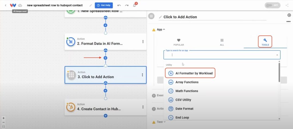 Adding an AI Formatter by Workload step in the automation builder to process data before sending it to HubSpot.