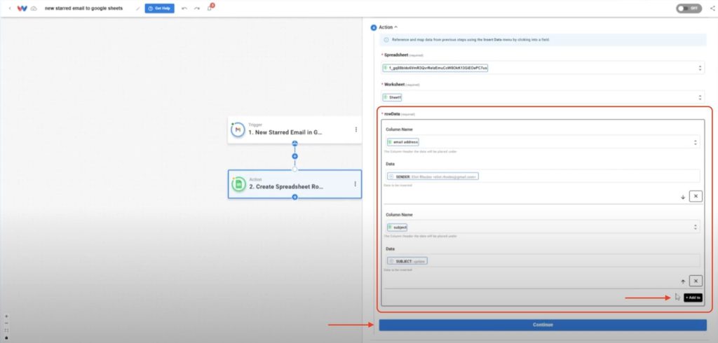 Map Gmail fields like email address, subject, and message content into Google Sheets columns for the Gmail Messages to Google Sheets automation.