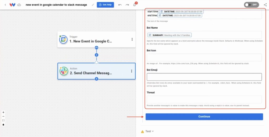 Mapping fields in Workload to Share Google Calendar events in Slack—message text uses summary, location, and start/end times.