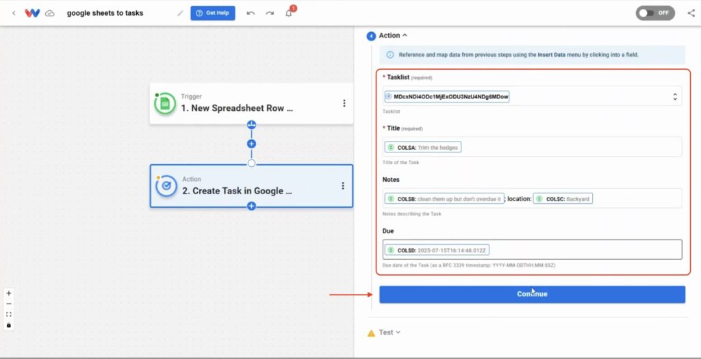 Mapping spreadsheet columns to Google Task fields like title, notes, location, and due date.