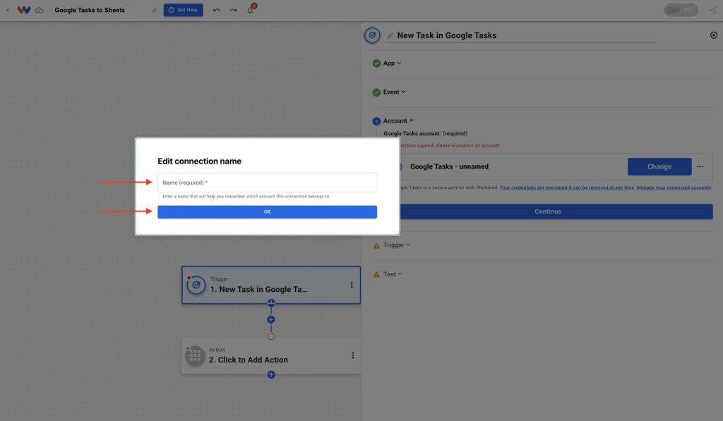 Entering a name for the new Google Tasks connection inside Workload