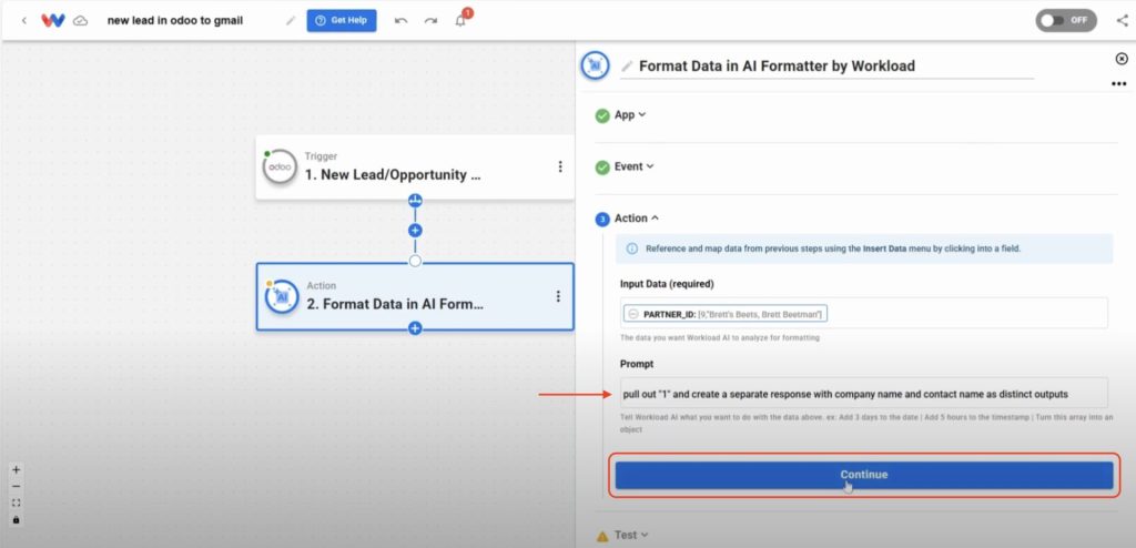 Entering AI Formatter prompt to separate company and contact name.
