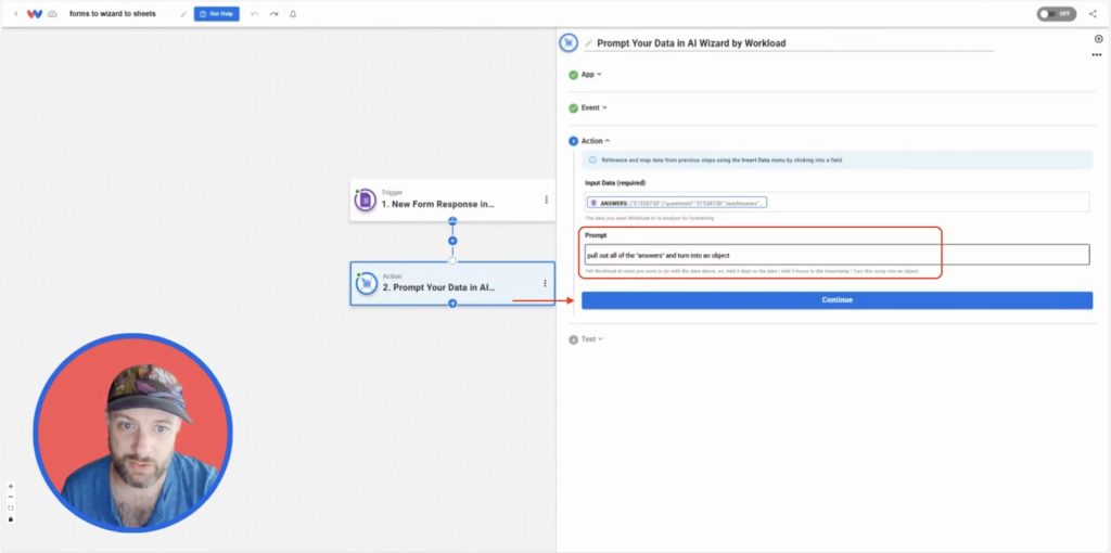 Entering the AI Wizard prompt “pull out all of the answers and turn into an object” to reformat Google Form response data.