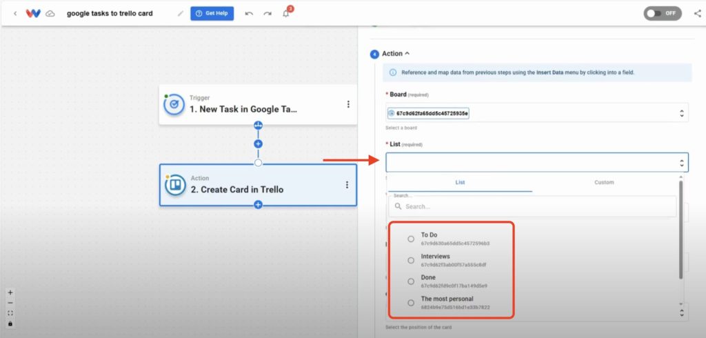 Select the Trello board and list where the Create Trello Cards from Google Tasks automation will add cards.