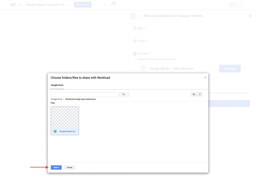 Window prompting the user to select files and folders from Google Drive to Link a Google Sheets Account to Workload.