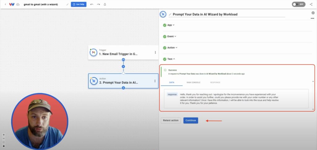 Successful AI response generated in Workload showing how to Automatically Reply to Gmail Messages instantly.