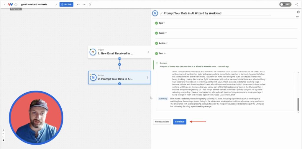 Successful AI Wizard test showing the summarized Gmail email response returned in Workload.