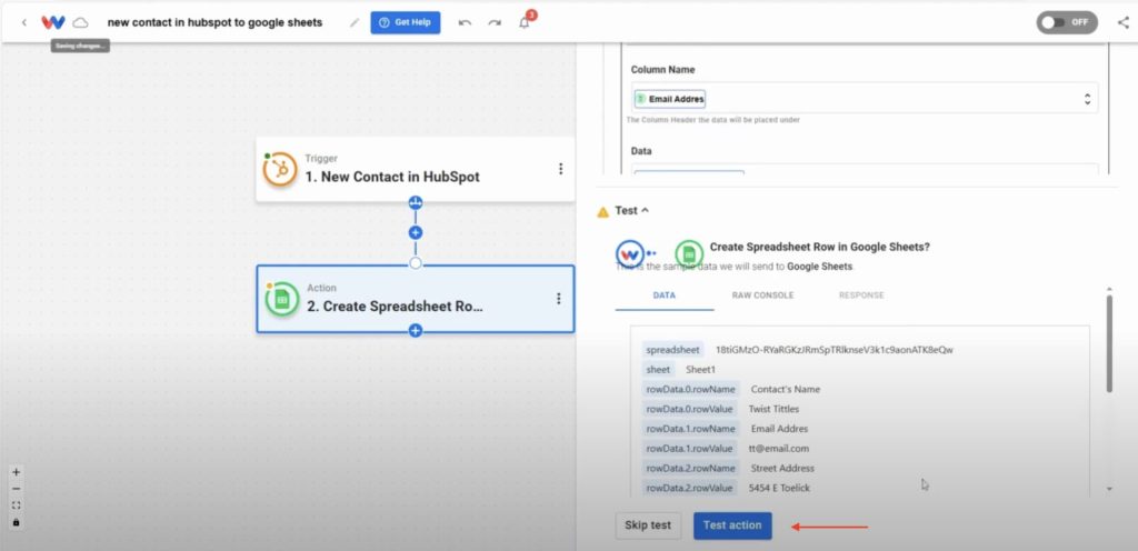 Test the Google Sheets action to verify HubSpot contact data is passed correctly.