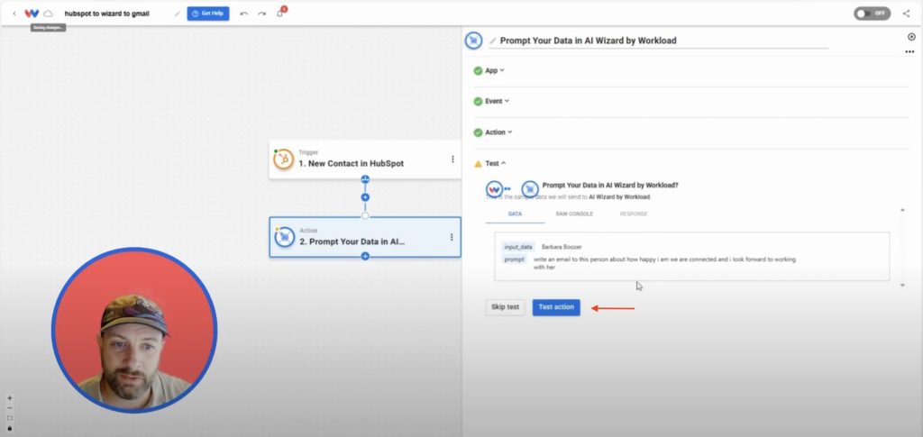 Running a test in AI Wizard to preview generated email content from HubSpot contact data.