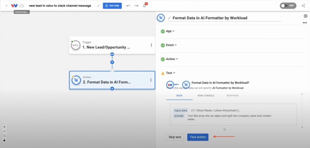 AI Formatter step showing the Test action button with sample input and prompt.