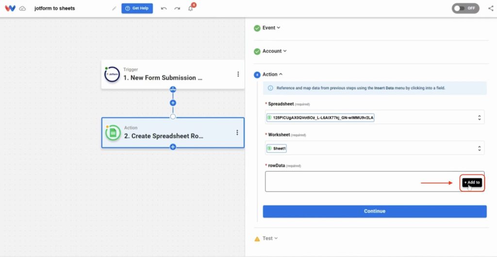 Click the + Add to button to begin assigning Jotform form fields to spreadsheet columns