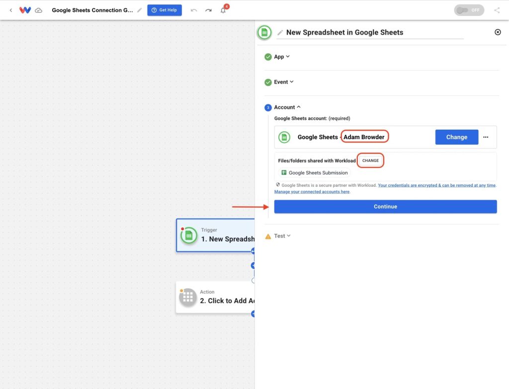 Connected Google Sheets account displayed in Workload with an option to change or continue setup.