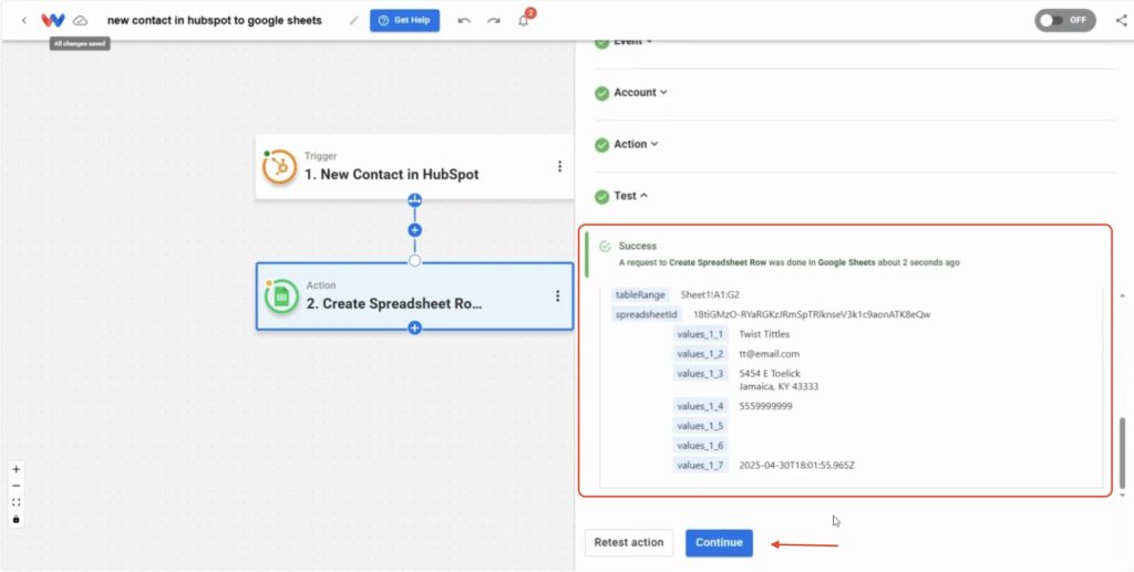 Review the test results and click Continue to finalize the Google Sheets action.