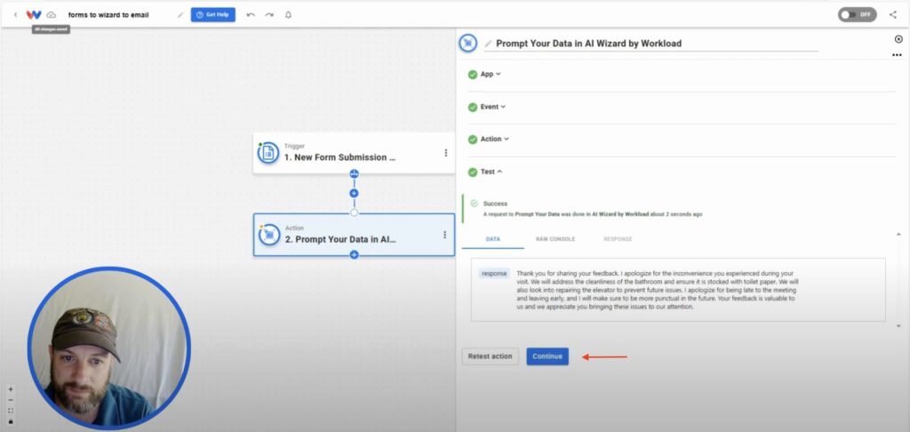 Reviewing successful AI output before continuing to the next step in the Automatically Send AI-Powered Replies automation.