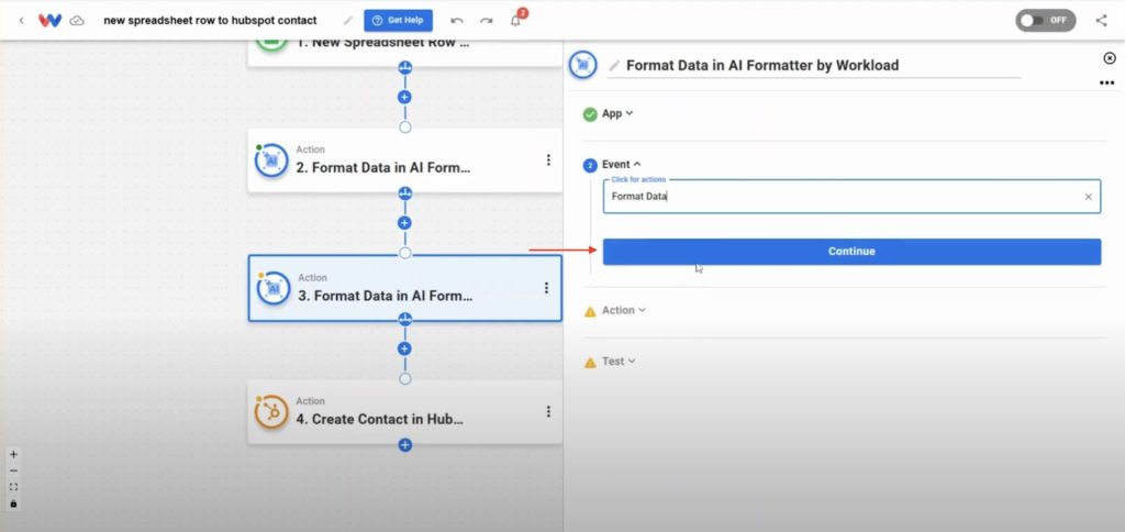 Selecting the Format Data event in AI Formatter for the new spreadsheet row to HubSpot contact automation.