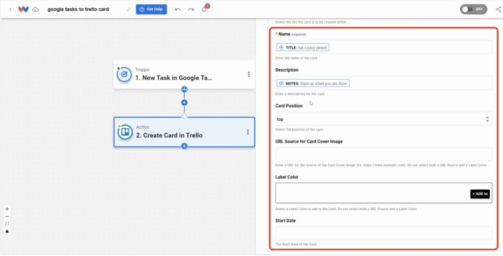 Map fields from Google Tasks to Trello (name, description, start date) to Create Trello Cards from Google Tasks.