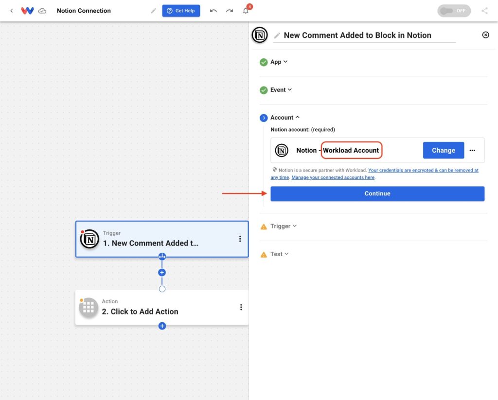 Workflow step showing the connected account field populated—Connect Notion to Workload completed and ready to use.