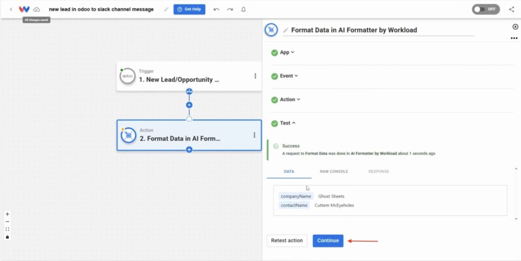 AI Formatter success response returning companyName and contactName ready to Send Odoo Leads to Slack.
