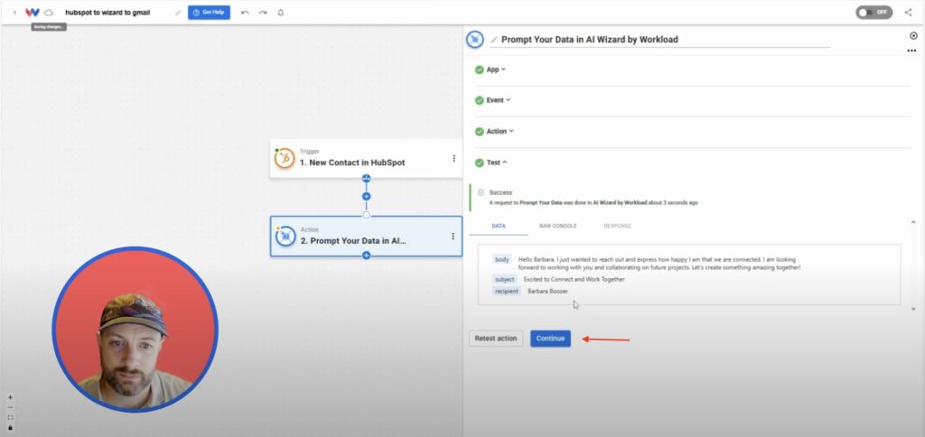 Viewing AI Wizard’s success response showing personalized subject and email body.