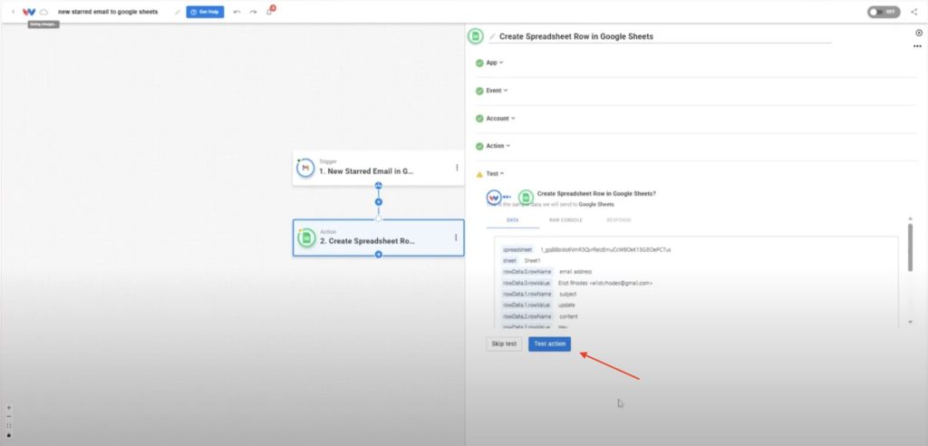 Run the “Test Action” step to send sample Gmail data into your Google Sheet.