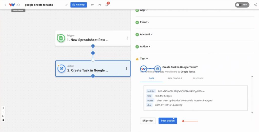 Testing the Google Tasks action in Workload to confirm the spreadsheet data creates a task.