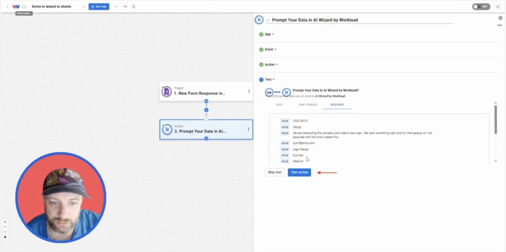Clicking “Test Action” in Workload to preview how the AI Wizard reformats form responses before sending them into Google Sheets.