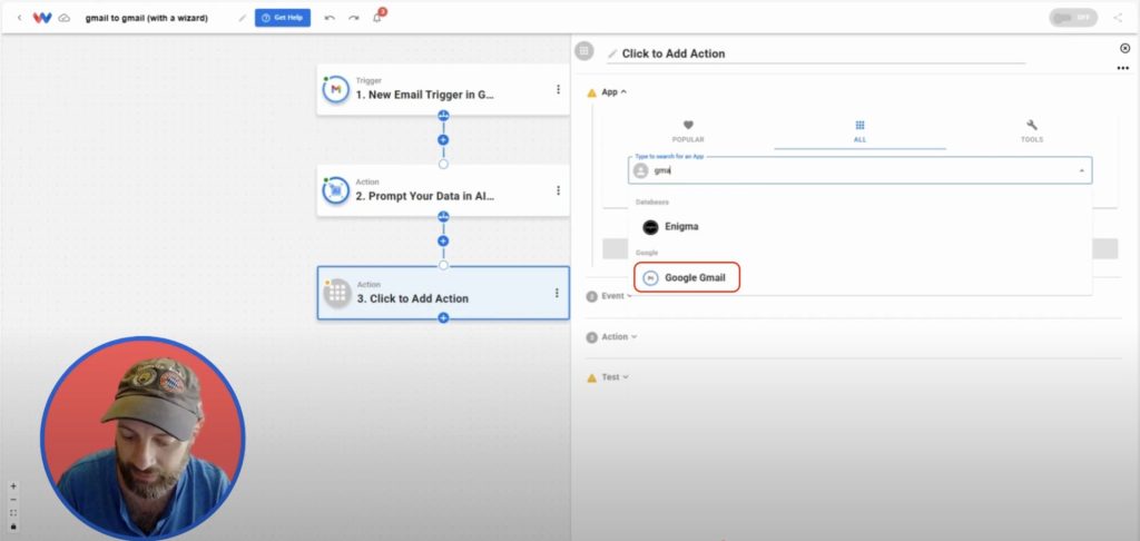 Selecting Google Gmail as the next app for sending automated replies in Workload.