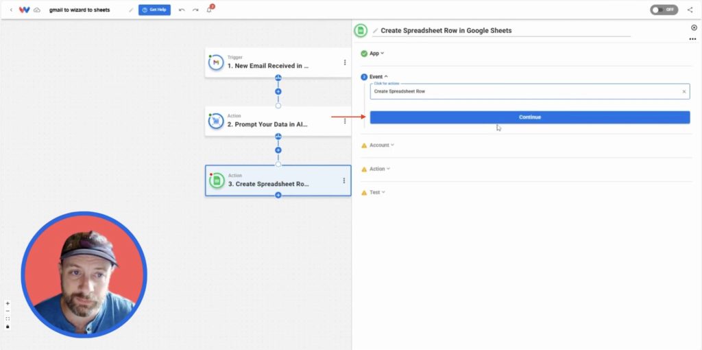 Selecting the Create Spreadsheet Row event in Google Sheets for the Summarize New Emails with AI automation.