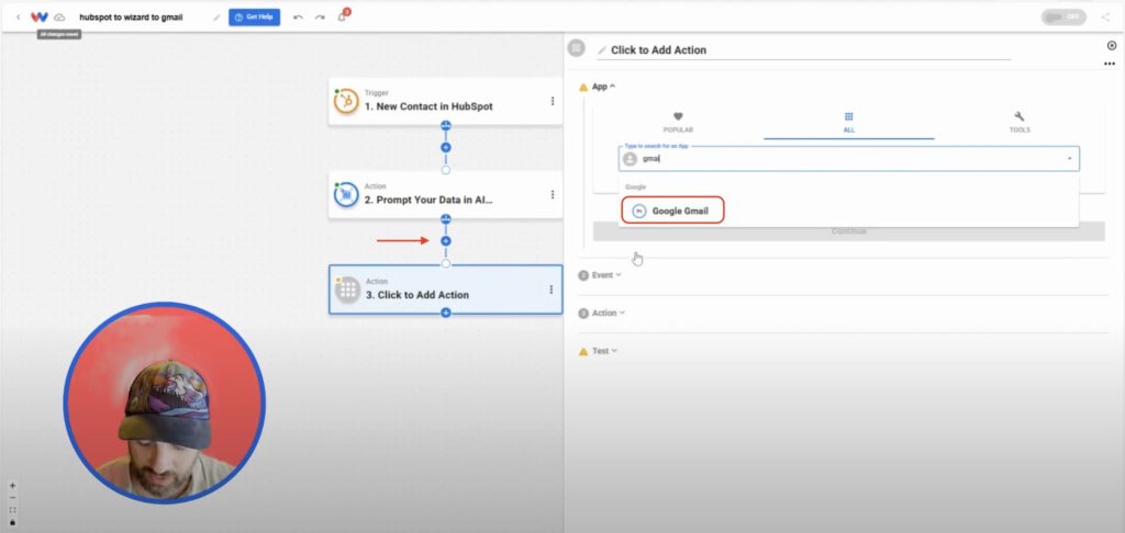 Adding the Gmail action step in Workload to Send Personalized HubSpot Emails automatically.