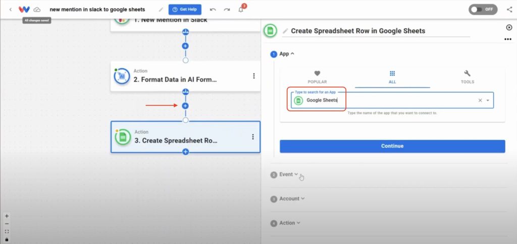 Selecting Google Sheets as the app for the next automation step.