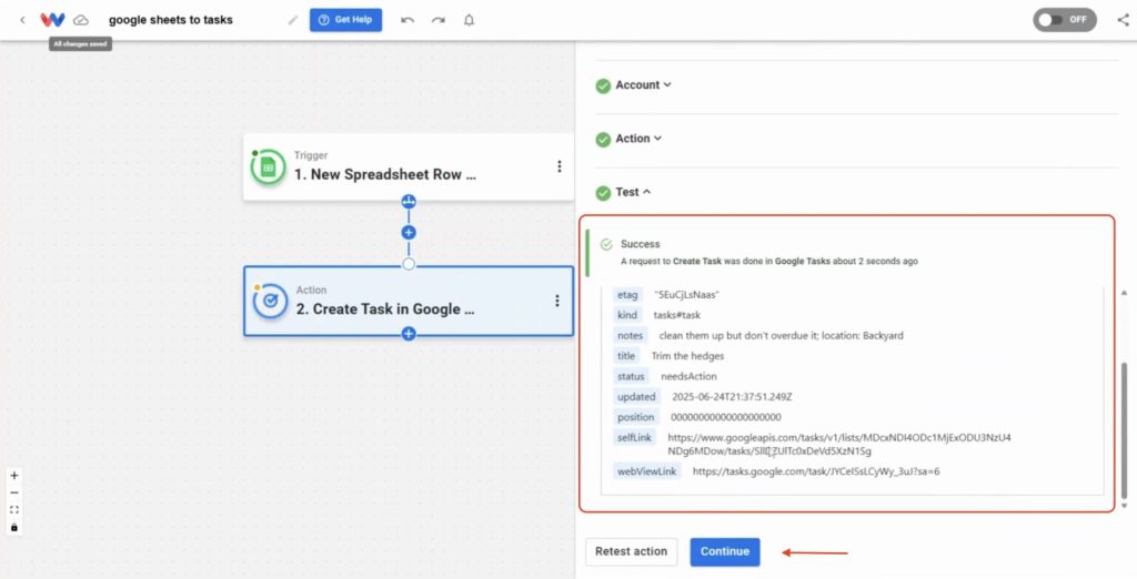 Successful test confirmation showing a Google Task created from spreadsheet row details.