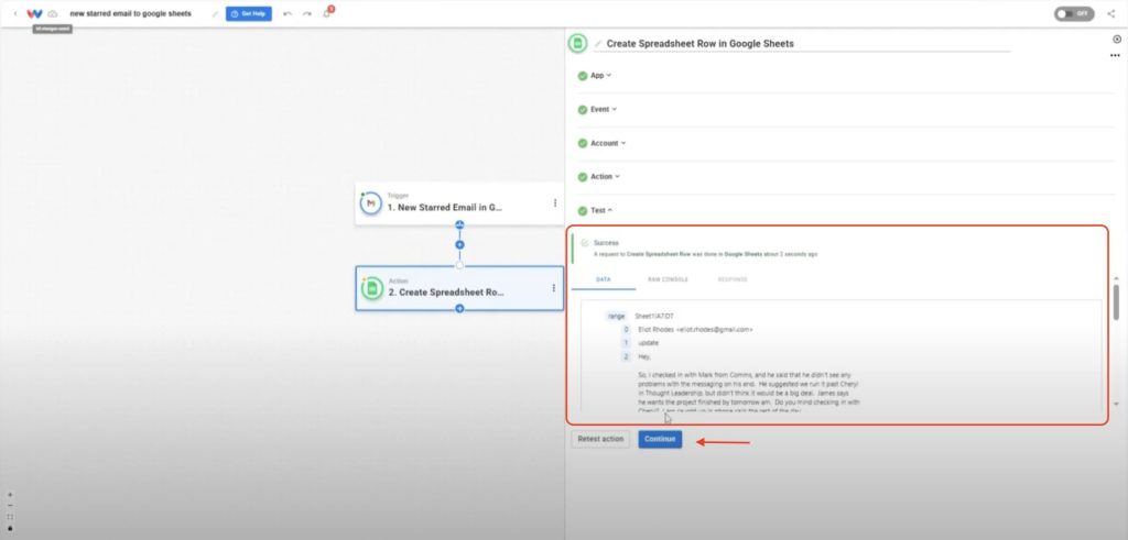 Confirm that the Gmail message data was successfully written to Google Sheets.