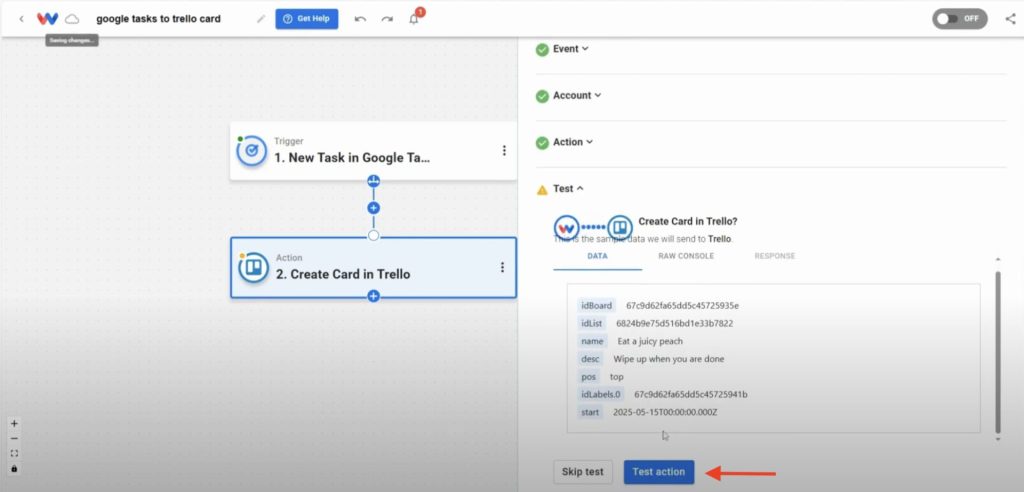 Test the Trello action to create a sample card via Create Trello Cards from Google Tasks.