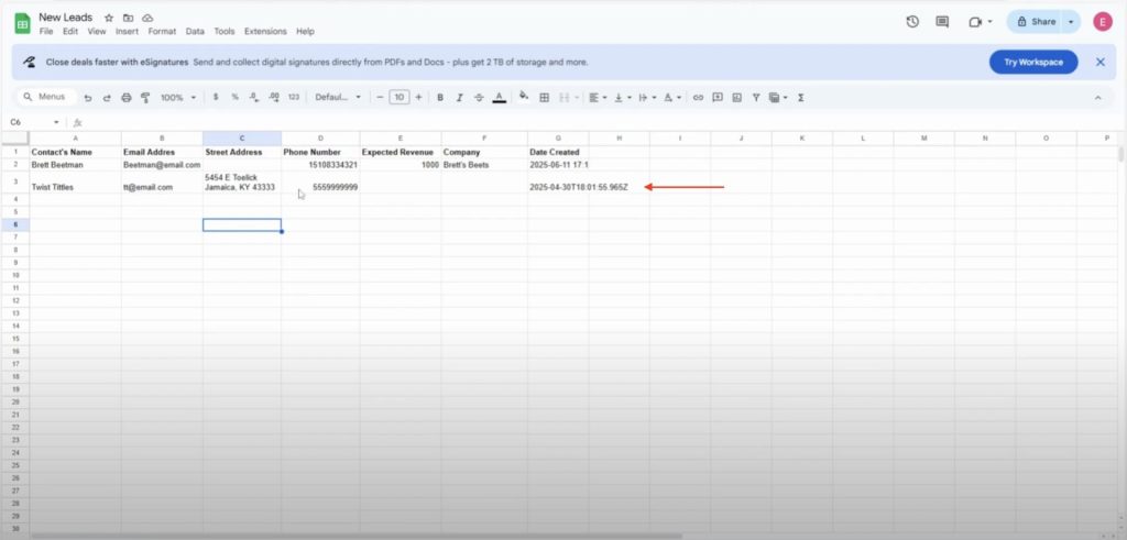 Confirm that HubSpot contact details appear in the correct row.