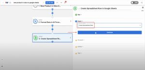 Choosing “Create Spreadsheet Row” as the Google Sheets action for Odoo Products in Google Sheets.