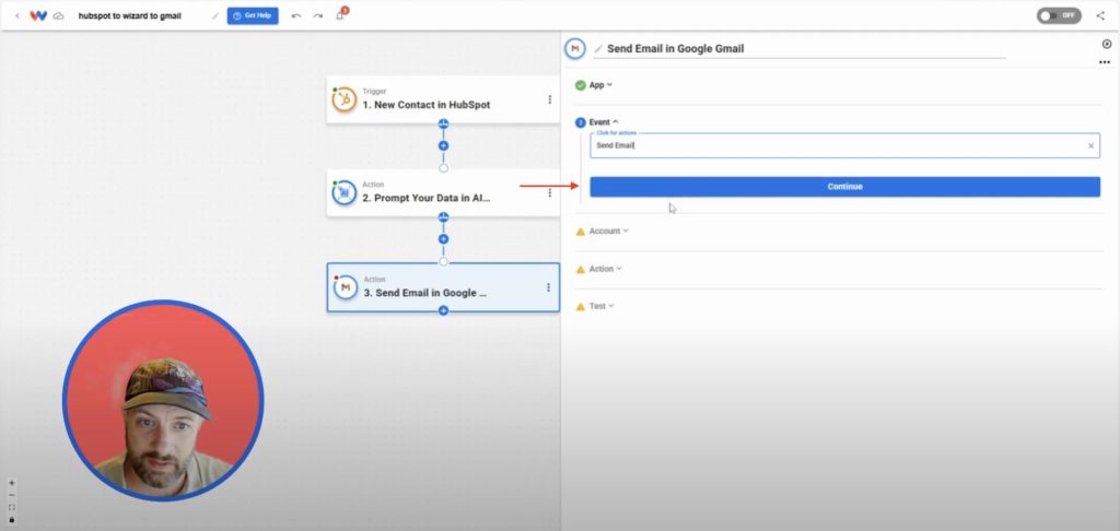 Selecting “Send Email” as the Gmail action event in Workload.