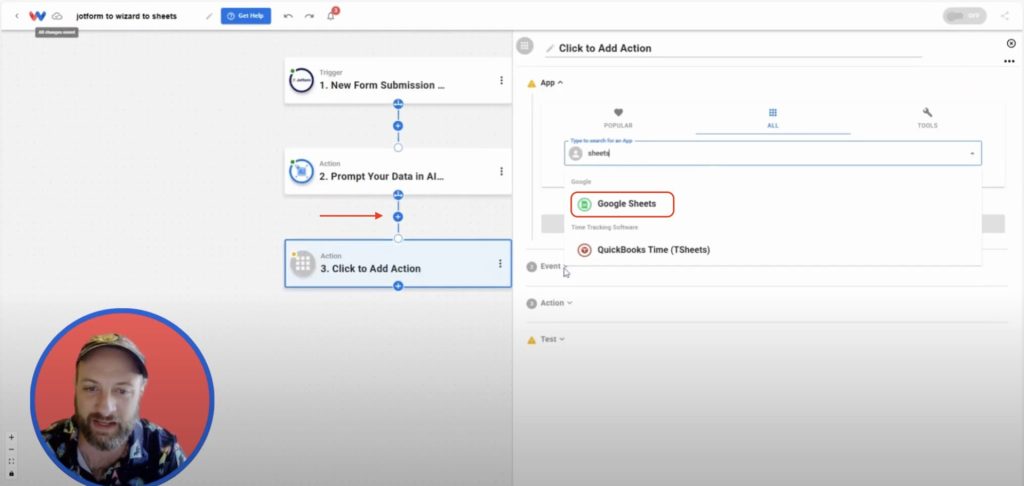 Adding Google Sheets as the next action step in the automation workflow.
