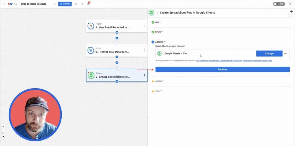 Connecting a Google Sheets account in Workload to store summarized Gmail email data automatically.