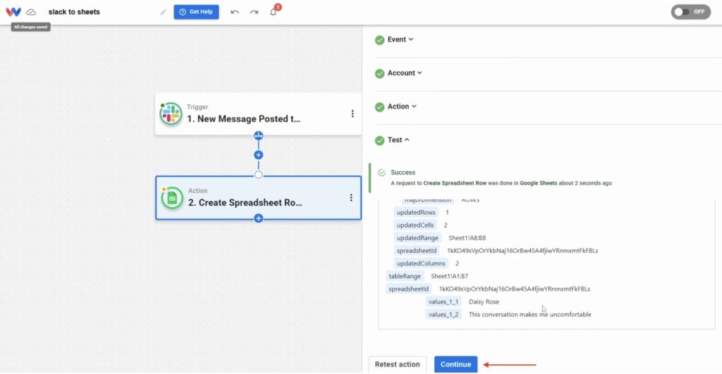 Click “Continue” after a successful test to finalize your Slack to Sheets automation.