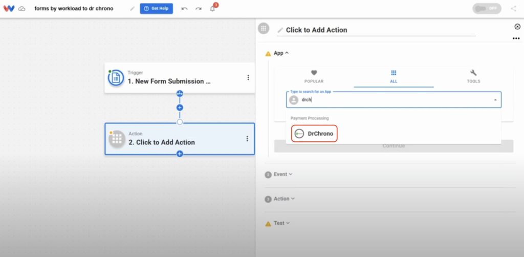 Choose DrChrono as the destination app to Create Patient Intake Forms using collected responses.