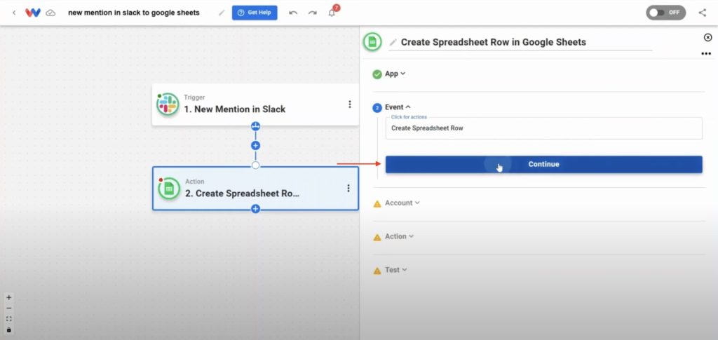 Choosing "Create Spreadsheet Row" in Google Sheets to Track Slack Mentions in Google Sheets Automatically 💬.