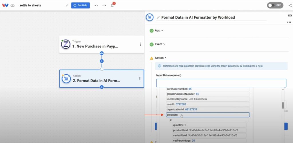 Mapping purchase fields from Zettle to Google Sheets columns using Workload’s field editor