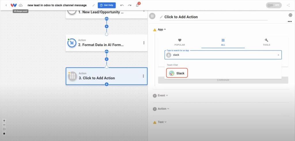 Action app picker with Slack selected from the list.