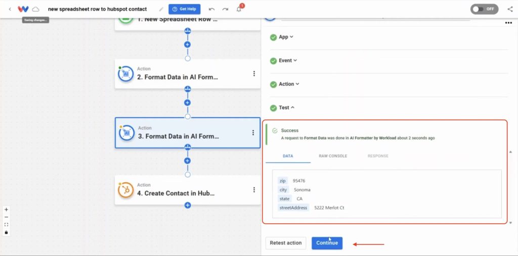 AI Formatter returns formatted address details as part of the new spreadsheet row to HubSpot contact automation.