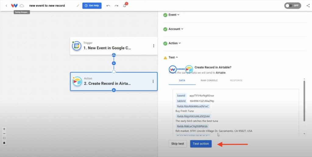Testing the Airtable action step with event data preview