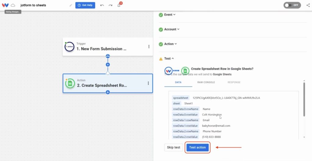Run a test to confirm that your mapped data is correctly sent from Jotform to Google Sheets