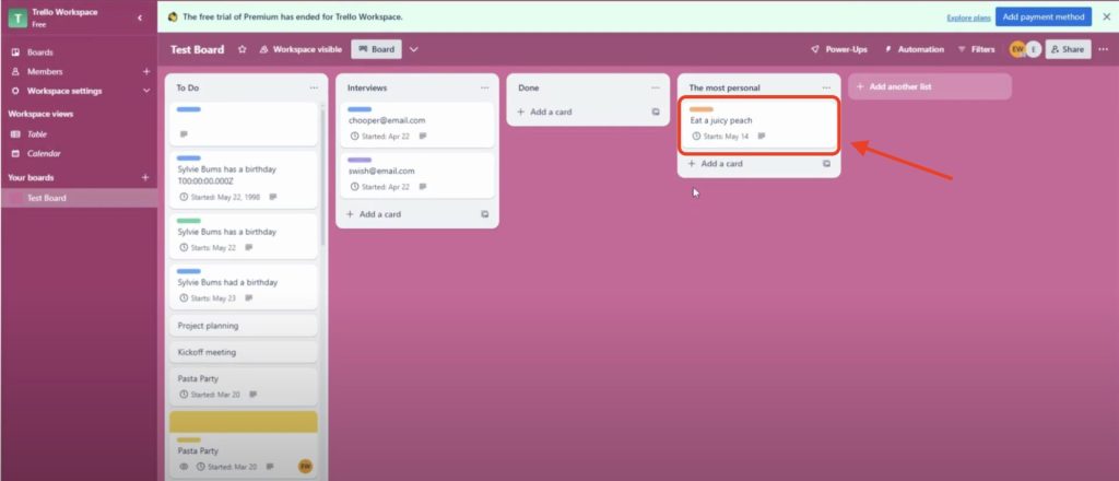 Trello board showing a new card created by Create Trello Cards from Google Tasks.